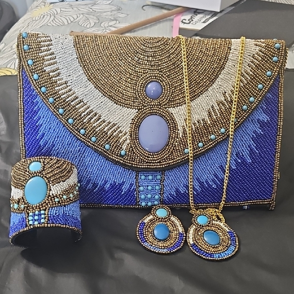Handbags - Beaded Blue and Gold Clutch With Matching Earring and Cuff